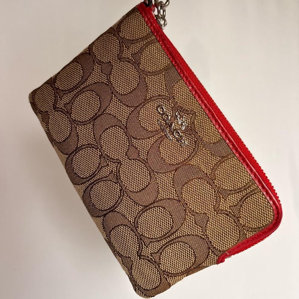 Coach Signature Canvas Wristlet Khaki Red Leather Trim Silver Hardware